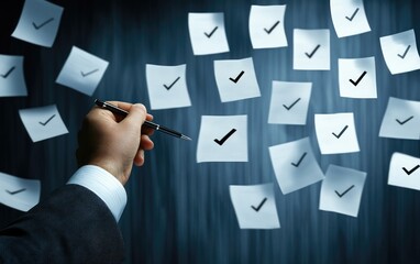 Hand marking checkmarks on floating sticky notes