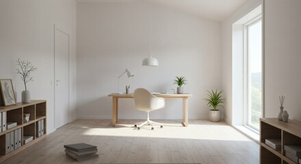 Bright, minimalist home office featuring a wooden desk, white chair, shelving units, plants, and natural light from a large window.
