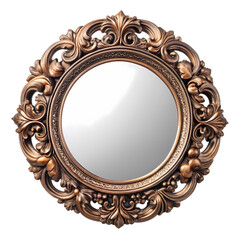 Ornate Gold Round Mirror with Intricate Frame on transparent background