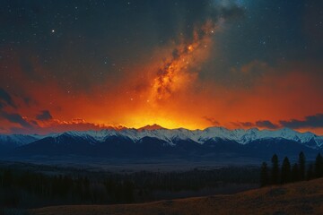 Fototapeta premium A Celestial Dance Fiery Skies Illuminate a Tranquil Mountain Silhouette at Twilight