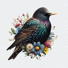 Common Starling (Sturnus vulgaris) Isolated on Transparent White Background – Bird Wildlife Illustration