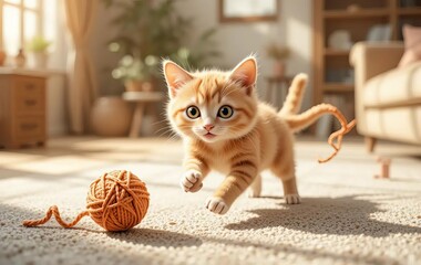 A 3D rendered pencil sketch of a ginger cat chasing an orange knitted ball in a sunlit living room.