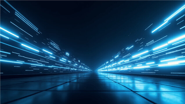 Vector illustration depicting a perspective view looking down a pathway or corridor towards a central vanishing point. On both sides, there are horizontal streaks and bars of bright, glowing cyan-blue