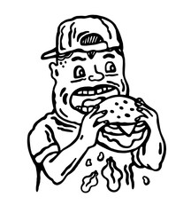 Black and white vector illustration of a kid, with his mouth wide open, eating a burger with his hands on a white isolated background