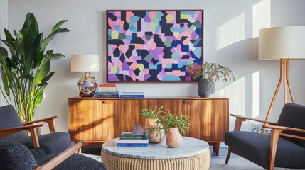 Mid-century modern living room with abstract art