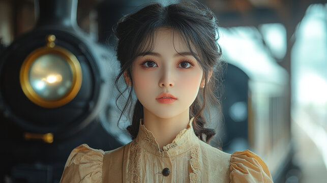 Young woman, vintage style, train