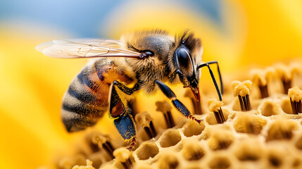 Fototapeta premium A bee buzzing around a sunflower, its wings moving rapidly as it pollinates the large yellow petals, with a bright blue sky in the background.