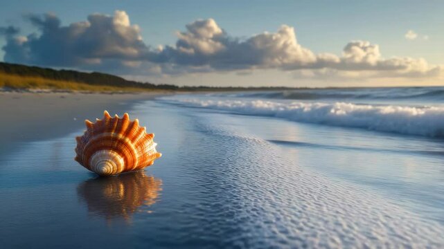 Vibrant Shell on Shoreline with Gentle Waves and Scenic Clouds