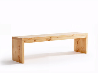 Minimalist wooden bench on a clean white background, highlighting its simple design and natural wood grain.