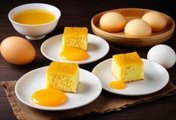 Eggs Three plates of cake One bowl of eggs