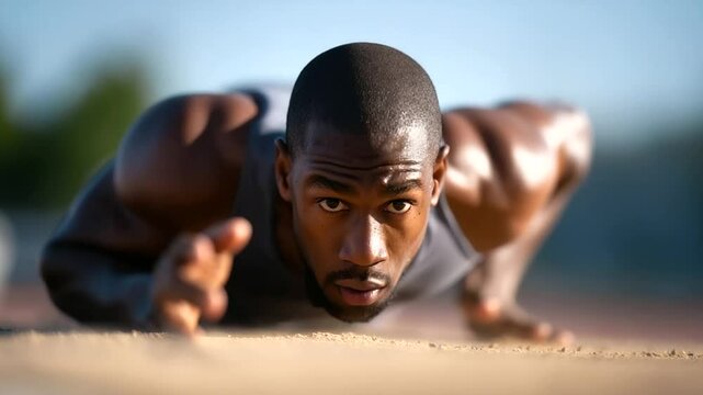 Dynamic shot of a determined sprinter powering off the starting blocks on a race track.