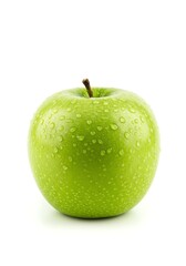 Fresh Green Apple with Water Droplets on a White Background