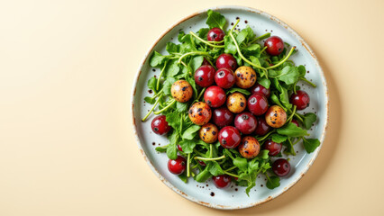 A plate full of fresh leafy greens with red currants on a yellow surface.