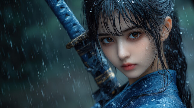 Young woman with sword in rain