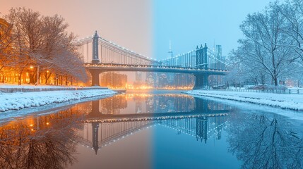 Winter Bridge Reflection New York City, Warm and Cold Tone