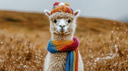 Adorable Alpaca Wearing Colorful Knitted Hat and Scarf Autumn Field  Cute Fluffy Animal Winter Fashion Photography  Warm Cozy  South American Wildlife
