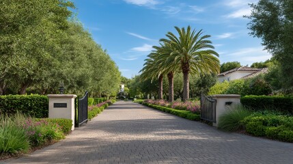 Fototapeta premium Grand entrance of an elegant residence with lush surroundings, conveying timeless luxury and serene beauty. 
