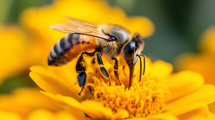 A bee perched on a bright orange marigold, its body covered with pollen, collecting nectar with delicate precision under the warm sun.