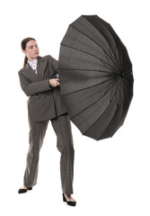 Young woman with black umbrella on white background