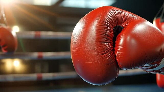 Close-up of a red boxing glove in action, with a blurred background of a boxing ring and another boxer.  Warm lighting and dynamic action