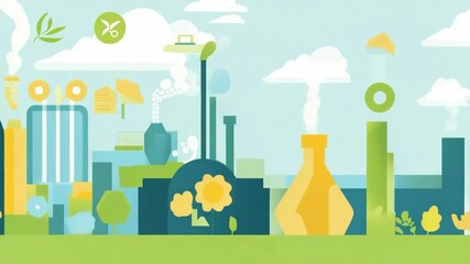 Stylized illustration depicting an eco-friendly industrial landscape with green energy, sustainable factories, and environmental consciousness.
