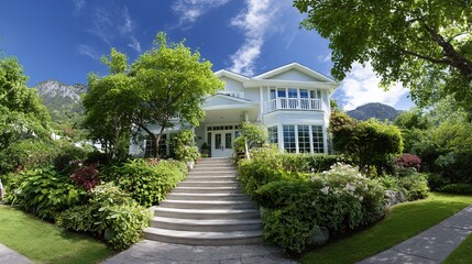 Grand entrance of an elegant residence with lush surroundings, conveying timeless luxury and serene beauty.
