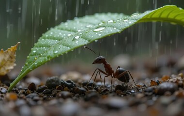 A close-up of an ant under a large leaf