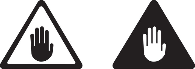 Fototapeta premium warning sign, stop hand symbol, black and white, minimalist design, triangular shape, circular shape, contrasting colors, simple graphic, safety icon
