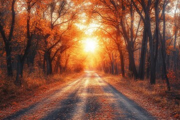 Obraz premium Autumn forest. Forest with country road at sunset stock photo