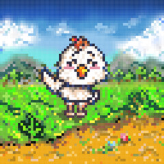 Cute pixel art chicken with beautiful background 64x64