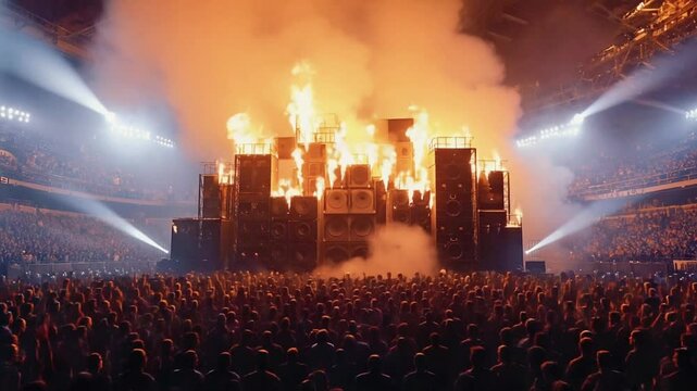 A colossal speaker concert stage engulfed in intense flames, shot from a low angle dark, chaotic crowd in the background, in the style of a heavy metal music video, cinematic and intense
