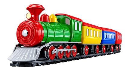 Colorful toy train set on tracks, red, green, yellow, blue carriages