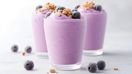 Three glasses of blueberry smoothie with granola topping on a light grey surface, vibrant purple color, close-up shot, and healthy breakfast concept.