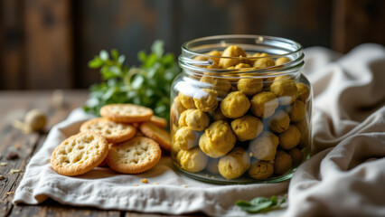 A jar of olives paired with rustic bread, representing a classic Mediterranean diet appetizer.