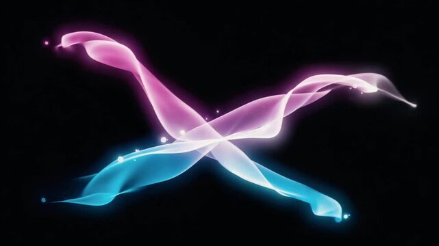 Pink, blue, and white smoke twisting into a rotating double helix shape, realistic cinematic detail, deep black background, floating particles, elegant lighting, slow rotation, dreamlike aes
