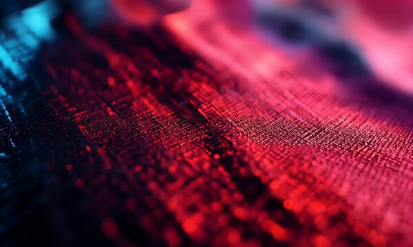 Red and blue abstract background with a blurred digital matrix pattern, close-up view of red fabric with bokeh lights, digital technology concept