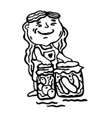 Black and white vector illustration of a girl with canned cucumbers and tomatoes on a white isolated background