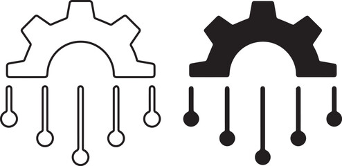 Gear icon, circuit connections, black and white, minimalist design, technical illustration, symmetrical composition, industrial symbol, technology concept, binary contrast, simplified graphic