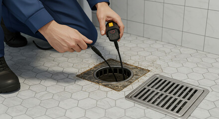 A person using a drain camera to inspect a clogged drain in a bathroom with hexagon tile flooring