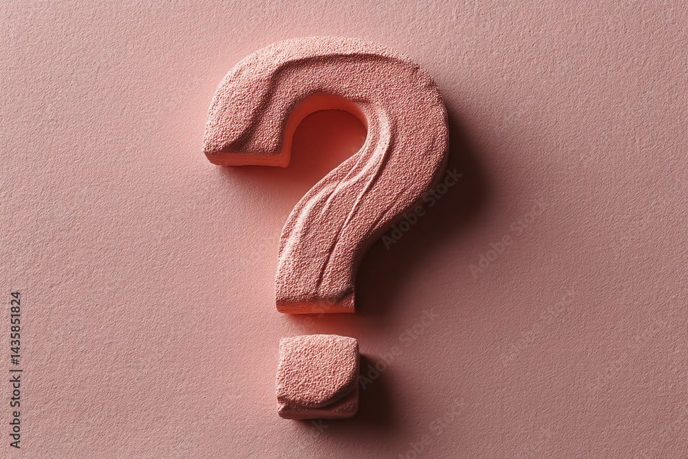 Poster pink textured question mark and exclamation point on pink background, symbolizing inquiry and surpri