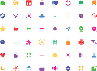 Collection of colorful icons representing web and mobile app functions. Great for digital design projects and presentations. Ideal for tech companies