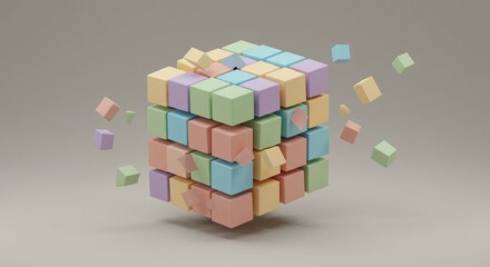 Abstract Pastel Cube Disintegrating Colorful Blocks Exploding 3D Render