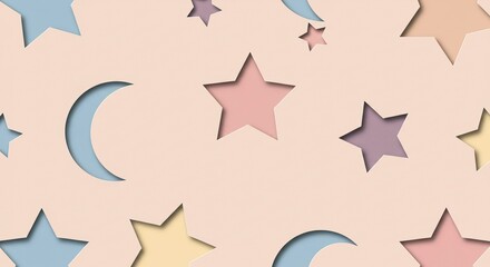 Obraz premium Pastel Pink Background with Cut Out Stars and Moons Dreamy Celestial Design for Kids