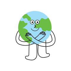 Flat Linear Style Friendly Earth Mascot Hugging Itself Vector Illustration - Ecology and Self-Love Concept
