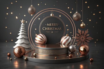 Elegant Christmas Podium Festive Holiday Display with Ornaments and Tree