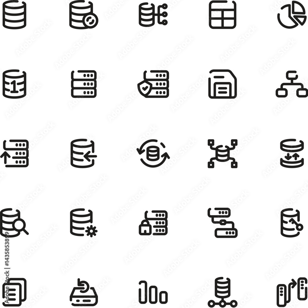 Poster set of 25 black server icons suitable for technology websites, app interfaces, cybersecurity present