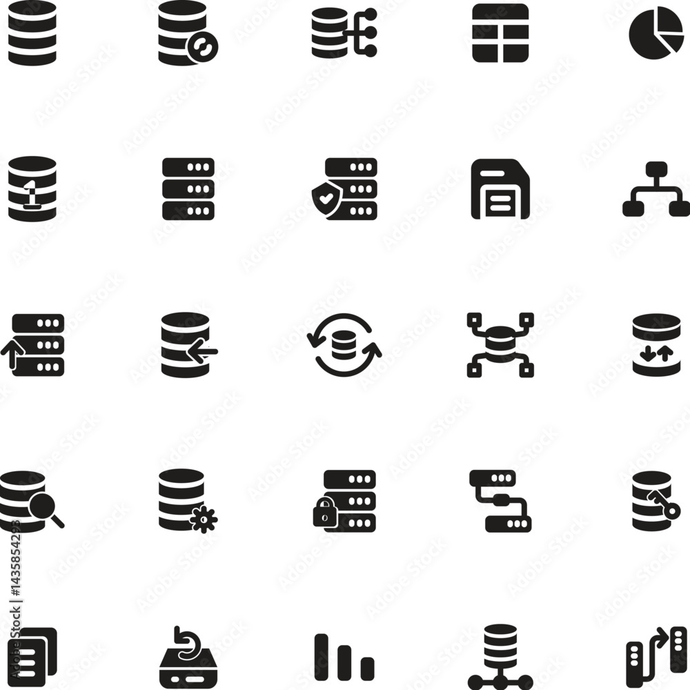 Poster contains 25 black database icons suitable for digital projects, websites, technology concepts, and p
