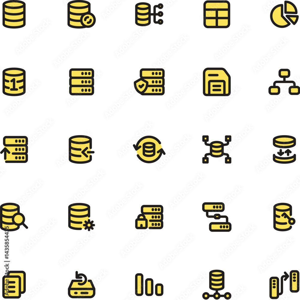 Poster contains a set of yellow database icons. suitable for technologyrelated designs, websites, and prese