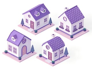 3D Purple Miniature Houses Icon – Set of Four Unique Stylized Home Designs with Trees and Bushes, Representing Real Estate, Architecture, and Residential Concepts