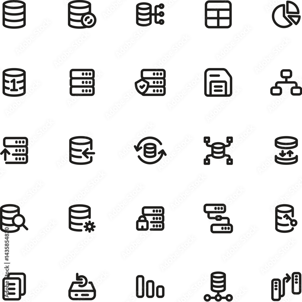 Poster database icons set for tech presentations, websites, apps. perfect for illustrating data management,